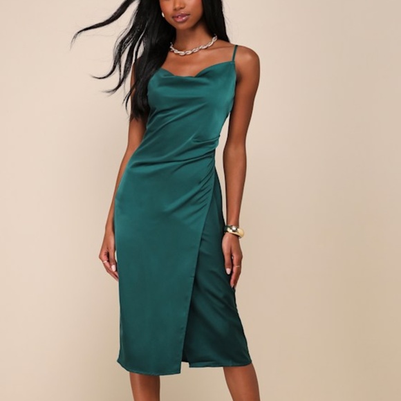 Lulus Hollywood Woman Forest Green Satin Midi Dress - Size L - Picture 1 of 1